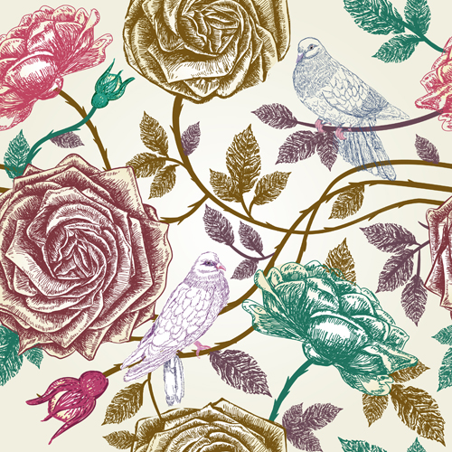 Birds with flower retro pattern vector Birds with flower retro pattern vector