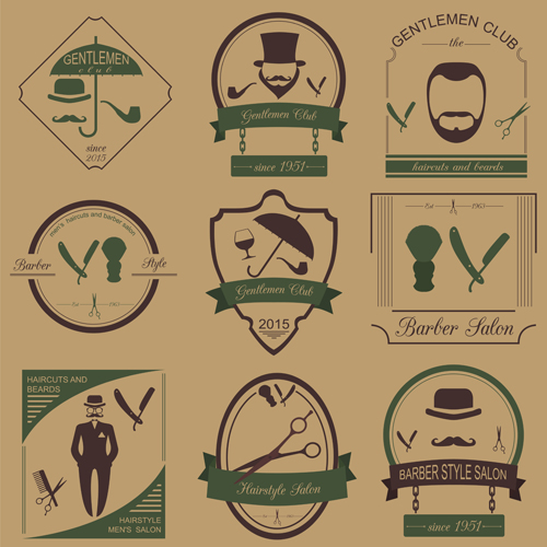 Haircuts and beards salon labels vector 01 Haircuts and beards salon labels vector 01