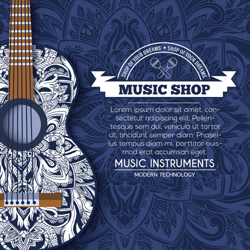 musical instruments floral blue background 