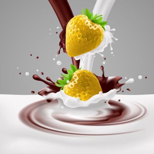 strawberries splash milk choco background 