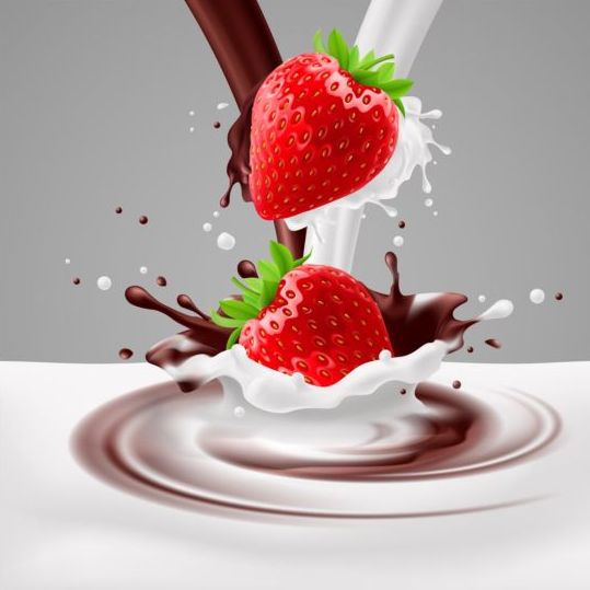 strawberries splash milk choco background 