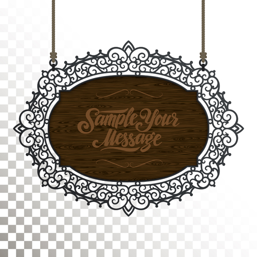 wooden signboard iron floral frame 