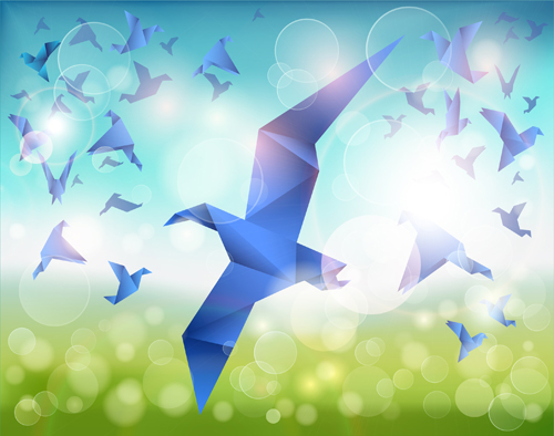 spring origami birds background 