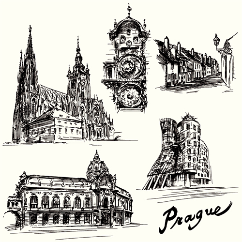 Prague hand drawn building 