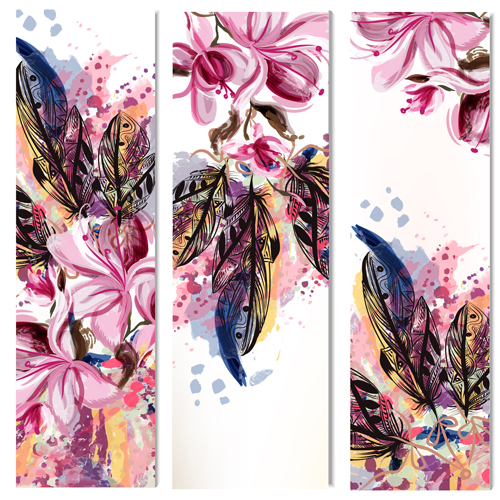 magnolia hand flowers feathers drawn banners 