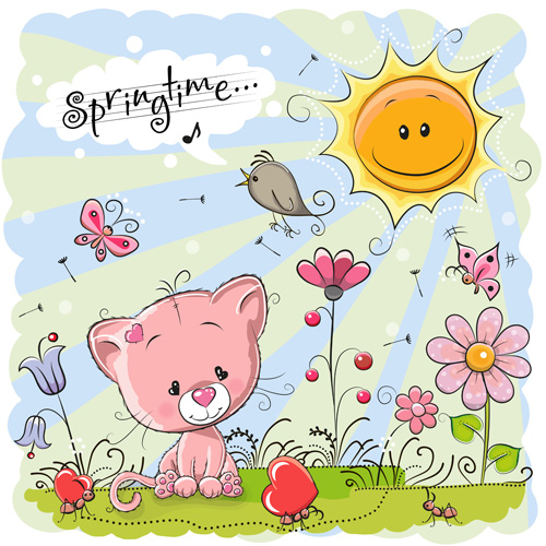 springtime postcards cute cartoon 