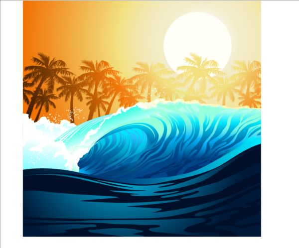 wave trees sun palm background 
