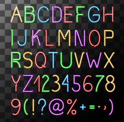 number neon fonts alphabet 