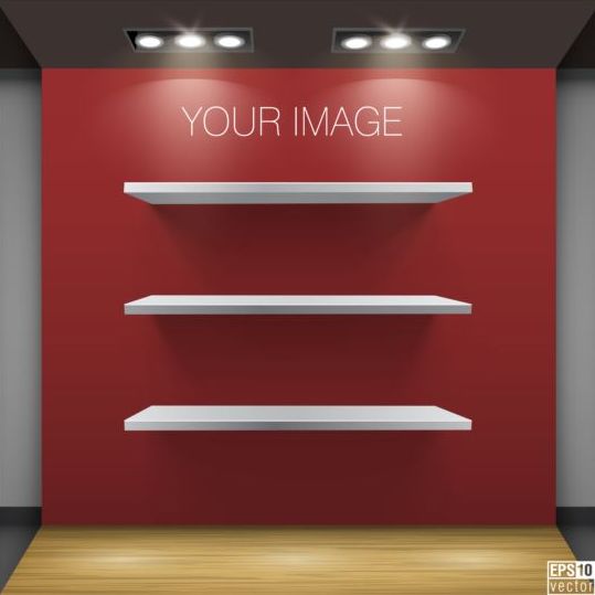 wooden shelves red background 