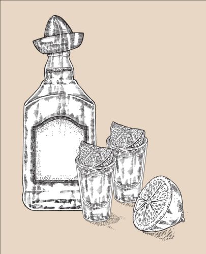tequila hand glasses drawn bottle 
