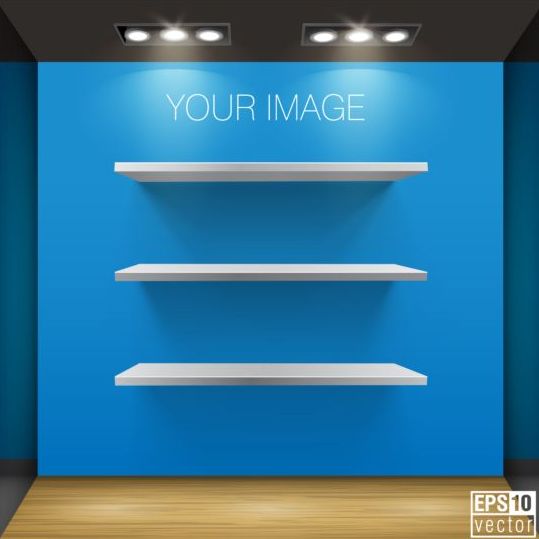 wooden shelves blue background 