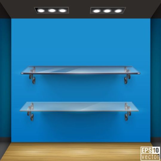 shelves glass display blue background 