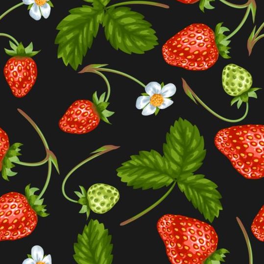 strawberries green leaves flower pattern berries 