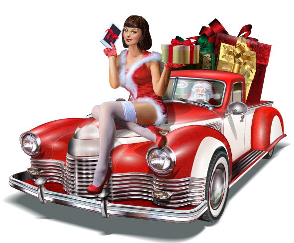 red girl christmas car beautiful 