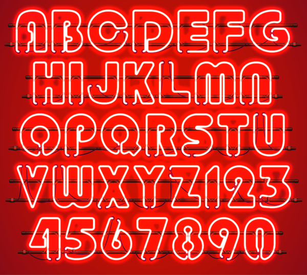 red number neon alphabet 