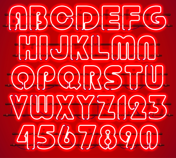 red numbers neon alphabet 