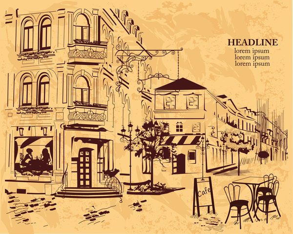 street old hand drawing city cafe 