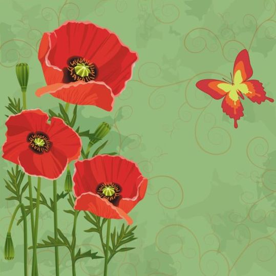 poppies grunge green butterfly 